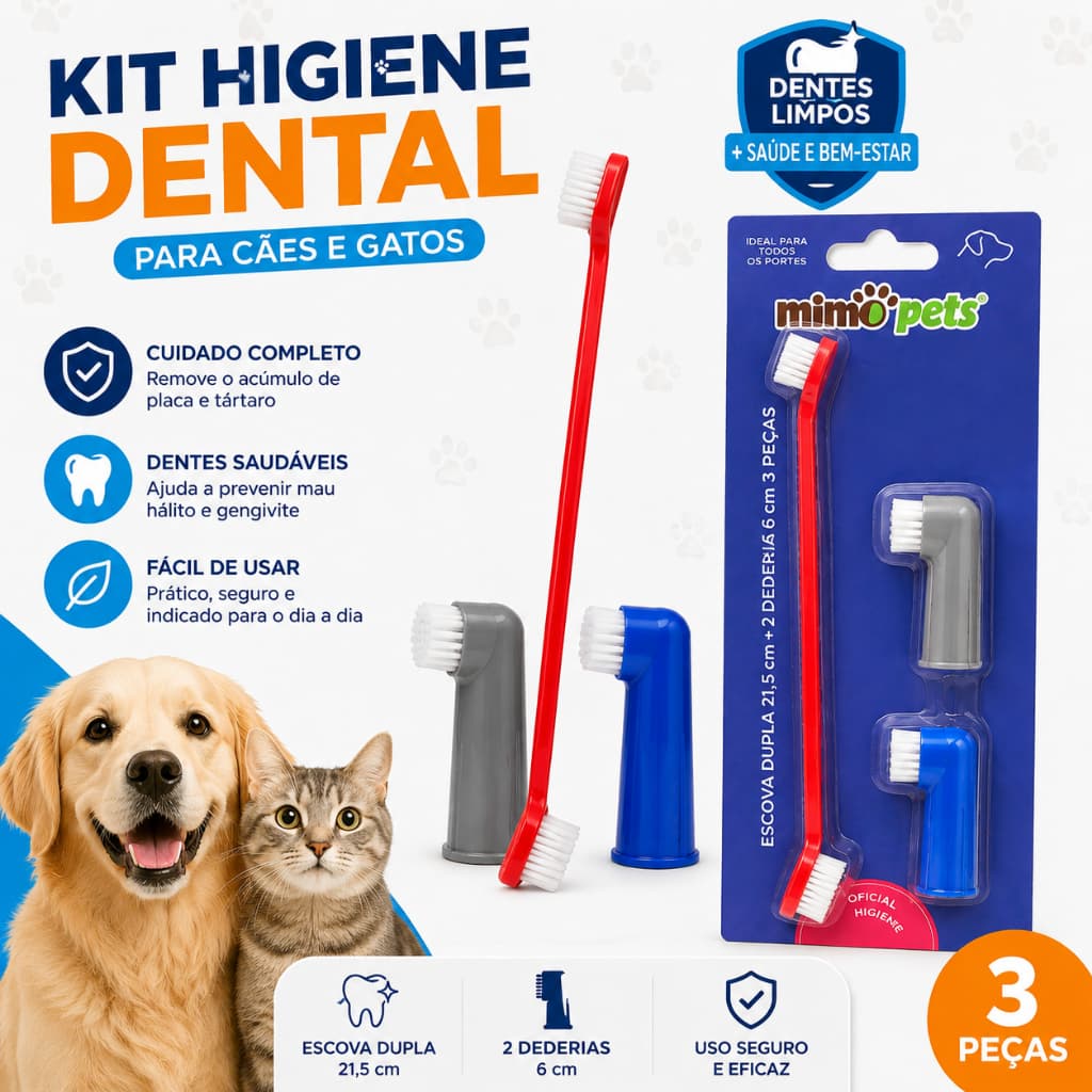 Kit Escova de Dente para Cachorro e Gato 3 Peças Escova Dupla + Dedeiras Higiene Bucal Pet
