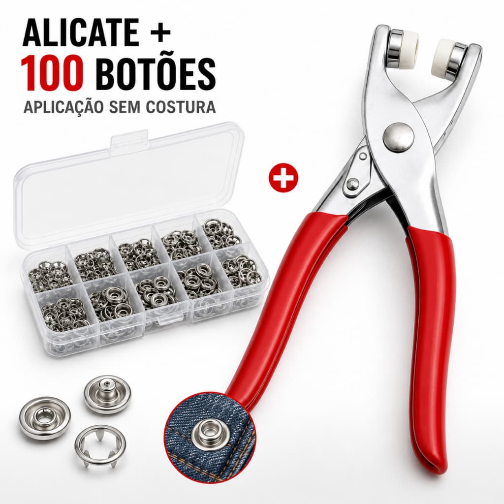 Kit Alicate Aplicador de Botão de Pressão + 100 Botão Para Roupa