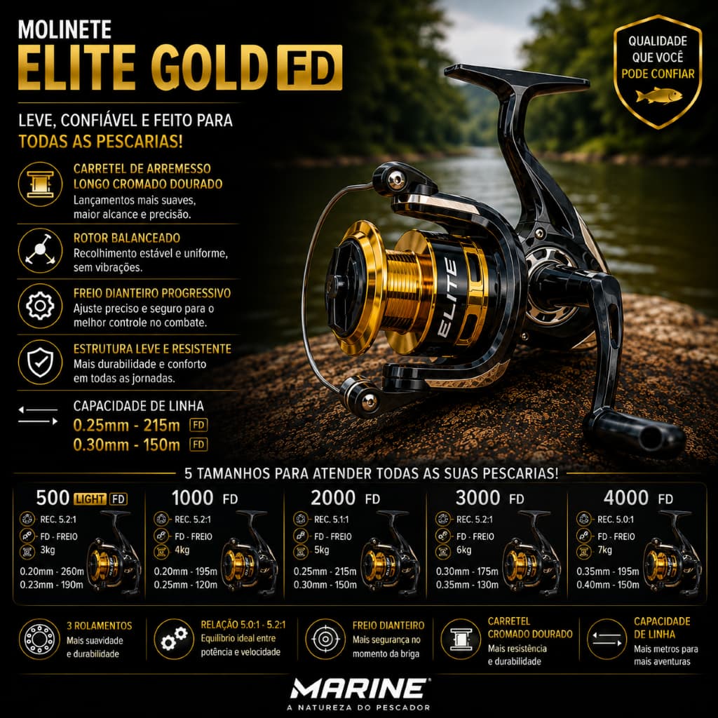 Molinete Pesca Elite GOLD 500/ 1000/ 2000 / 3000 / 4000 / 6000 / 8000 Marine Sports Fricção Dianteira