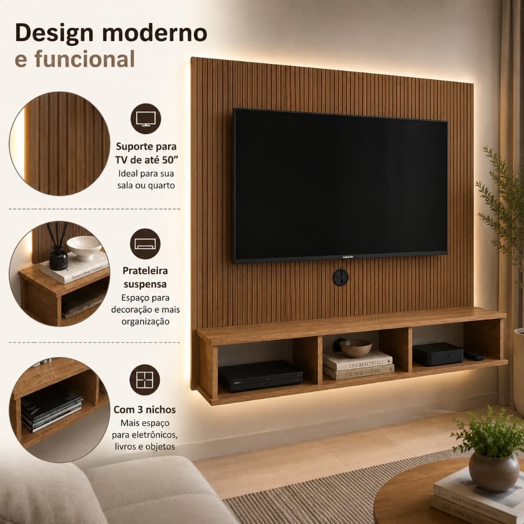 Painel para TV até 50 Polegadas Suspenso com 3 Nichos Prateleira Rack para Sala Moderno em MDP 120cm