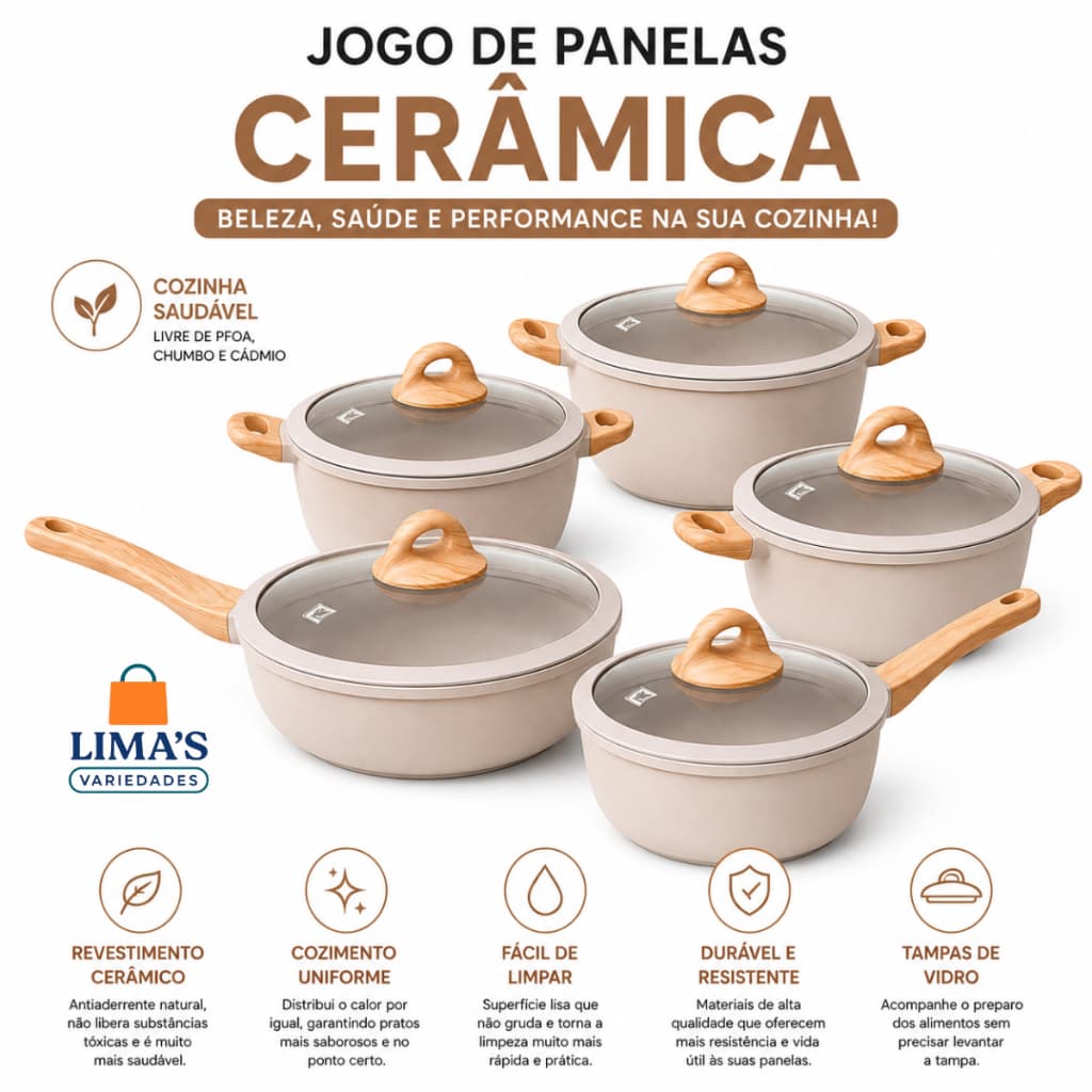 Jogo de Panelas XDX 5 Peças Indução Gás Revestido em Cerâmica Granito Antiaderente Frigideira Caçarola
