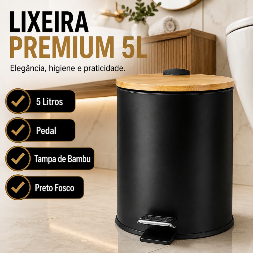Lixeira Pedal Tampa Bambu Compacta 5 Litros Preta Cozinha Banheiro Facil Uso