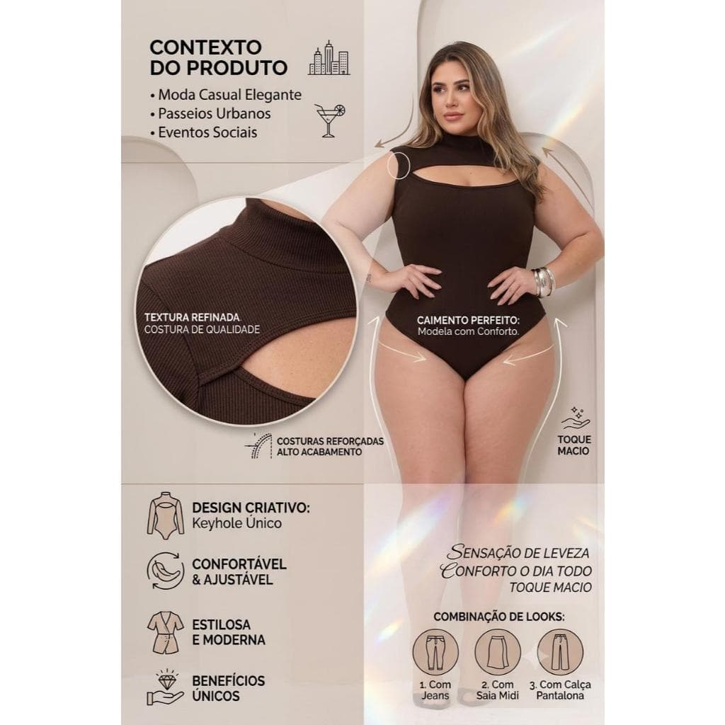 Body Blusa Feminino Canelado Plus Size Regata Gola Alta Abertura no Busto Decote Recorte Frontal Casual