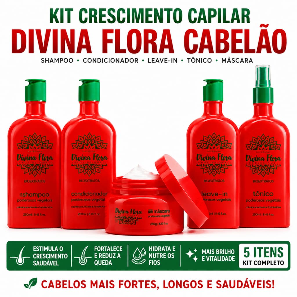 Kit Crescimento Capilar Divina Flora + Tônico Fortalecedor — Acelera o Crescimento, Fortalece a Raiz e Anti-Queda
