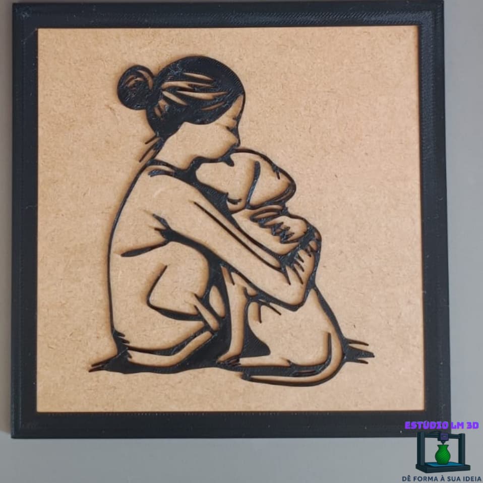 Quadro Decorativo Minimalista Mulher e Cachorro | MDF 3mm com Moldura e Arte 3D  | Design Minimalista