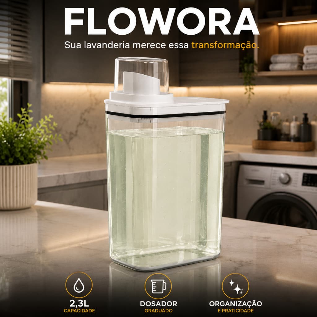 Dispenser Sabão Líquido FLOWORA 2,3L Organizador Lavanderia Multiuso