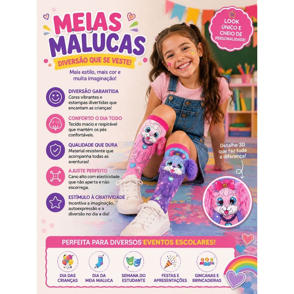 Meia 3D Maluca Infantil Cano Alto Divertida Colorida com Pelúcia e Estampa de Animais