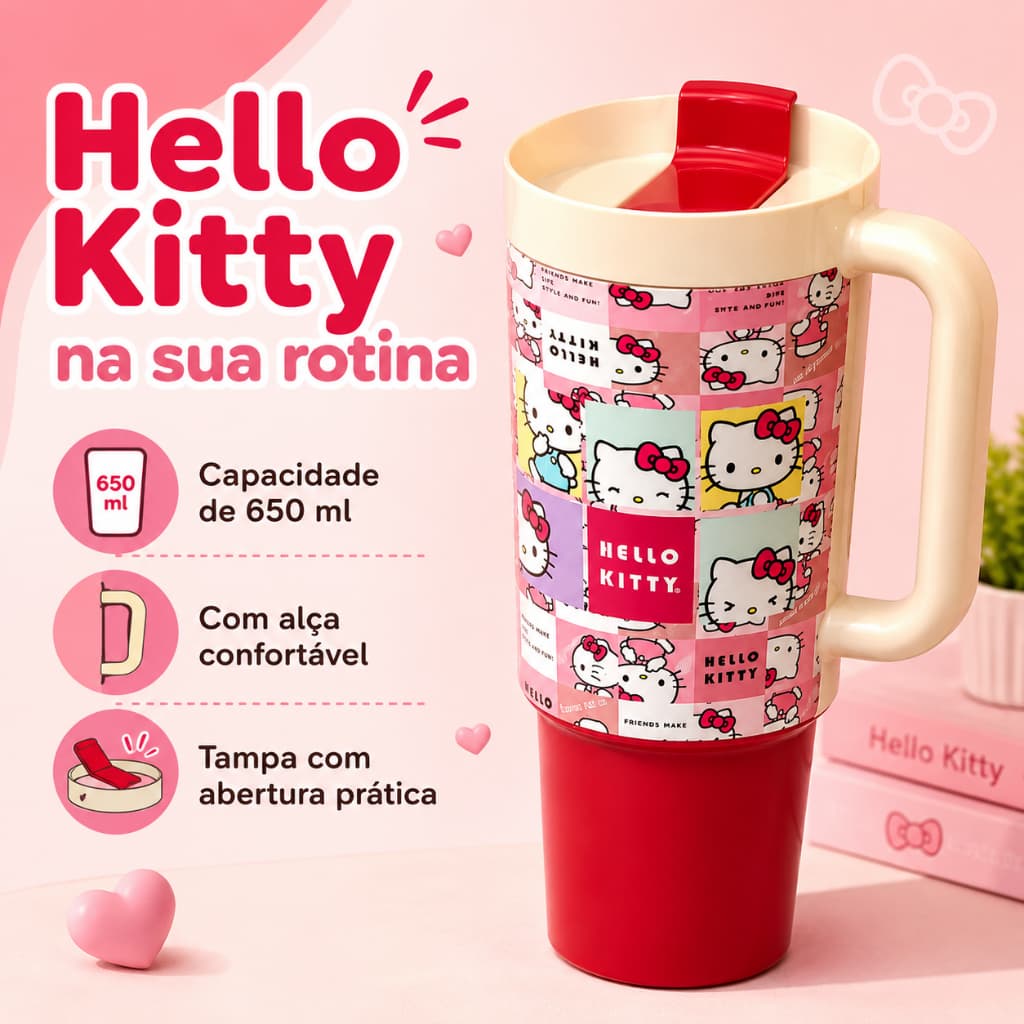 Copo Hello Kitty Plasútil Com Tampa E Alça 650ml