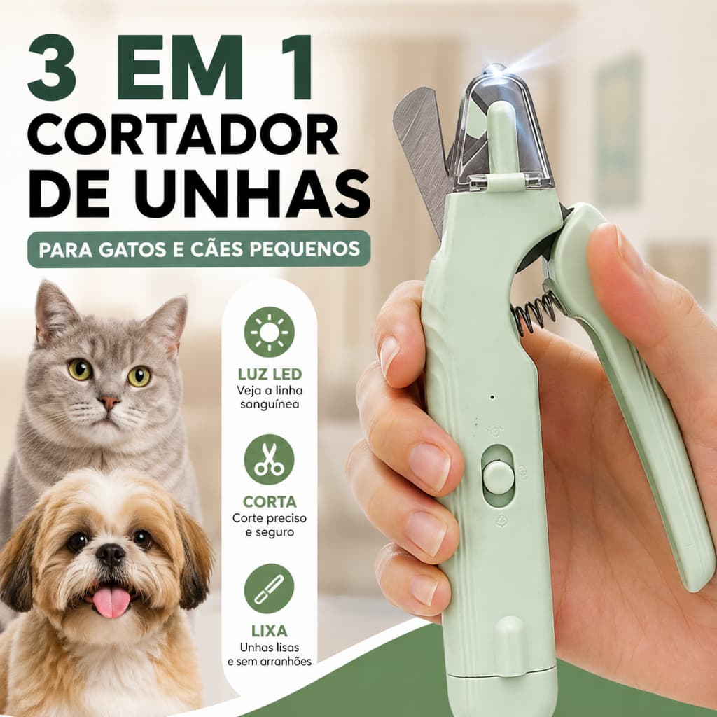 【Cortador de Unhas Pet 3 em 1】com Luz LED e Lixa para Cães e Gatos Pequenos, Alicate Corte Preciso e Seguro
