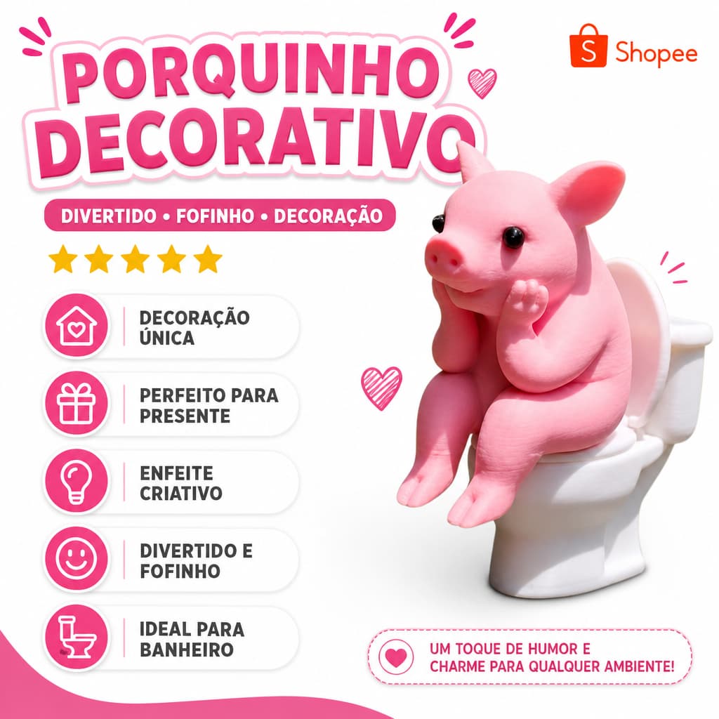 Mini Estátua de Porco no Banheiro – Porquinho Sentado no Vaso Sanitário Decoração Divertida