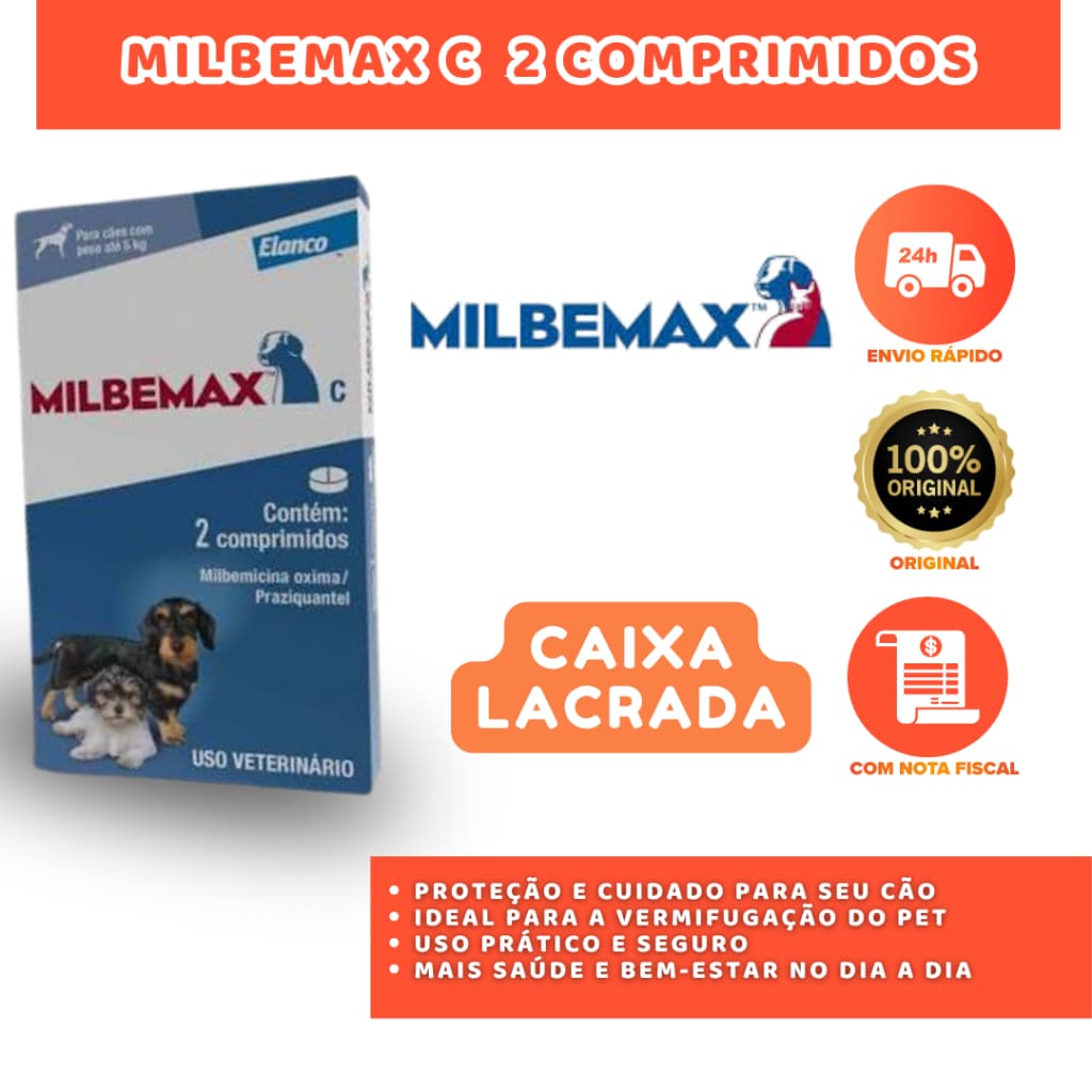 MILBEMAX C 2 COMPR. ATÉ 5KG VERMÍFUGO PARA CÃES PEQUENOS CONTRA VERMES INTESTINAIS