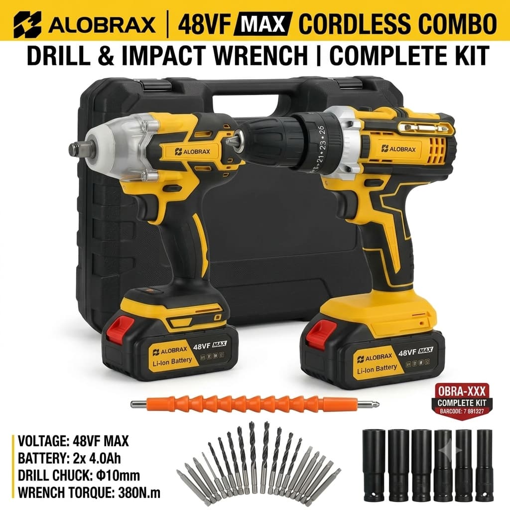 Kit Combo 2 em 1 Furadeira e Chave de Impacto a Bateria 48VF MAX + 2x Baterias 10 Células + Acessórios e Maleta