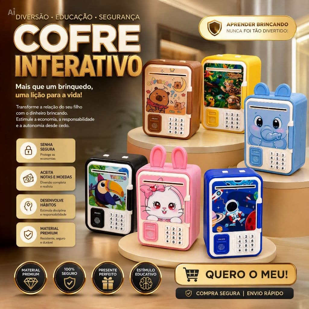 Cofrinho Eletrônico Infantil Puxa Nota Moeda Com Senha Digital Brinquedo Educativo Cofre De Moedas