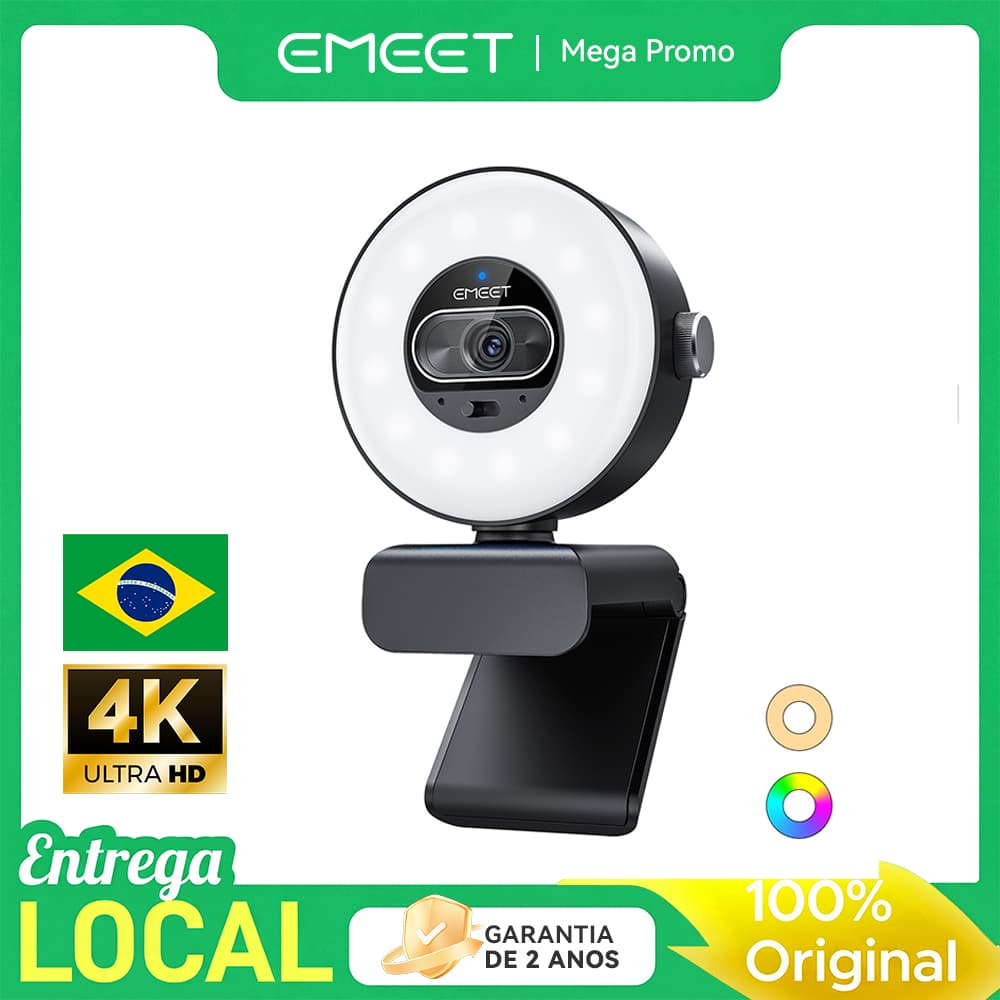 Webcam EMEET S600L 4K com Luz Anel, 4 Modos de Luz e RGB, IA e Autofoco, Botão p/ PC Mac OBS Twitch