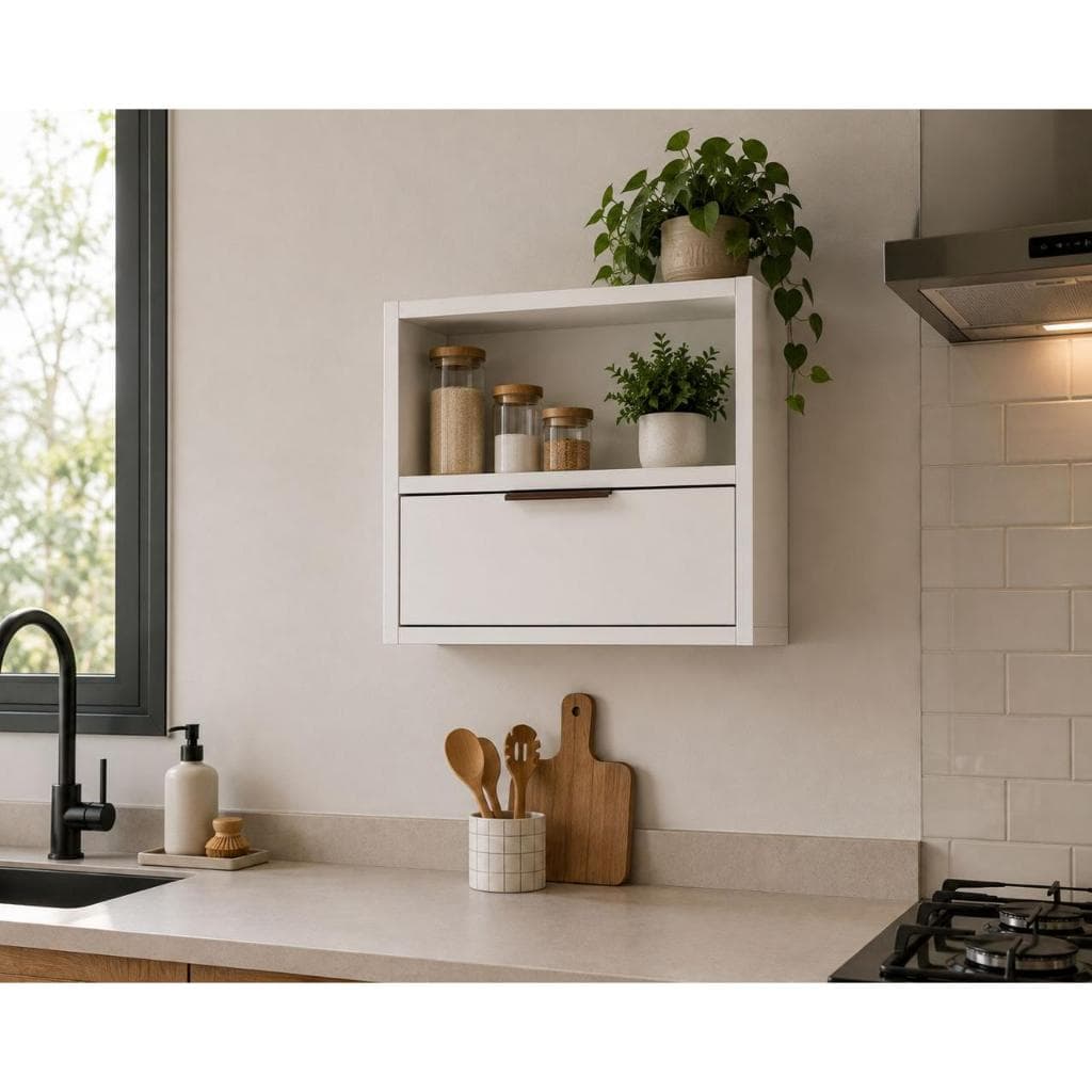 Armário Suspenso para Cozinha Lua 40x40cm | Armário de Parede com Porta e Nicho Organizador