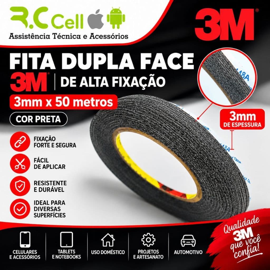 Fita Adesiva 3m Dupla Face 03mm 50mts Preto Fita Adesiva Dupla Face para Bateria Tela Display Lcd Celular 3mm Preta