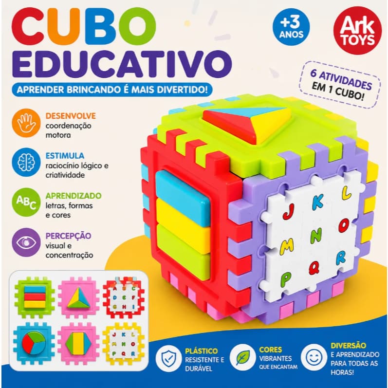 Cubo Educativo de Montar Brinquedo de Menino Bebê Letras Formas Cores Pedagógico TEA TDAH Sensorial