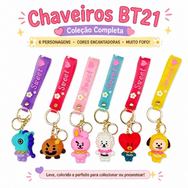 Chaveiro BT21 Personagem 3d Kawaii Fofo com Alça Sweet para Bolsa Mochila Chaves
