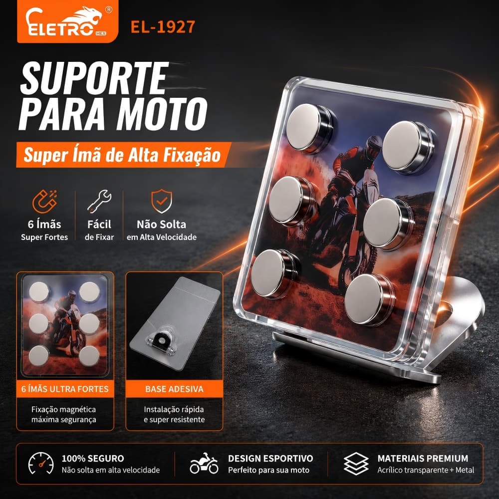 Eletromex Suporte Celular Magnético 6 Imãs Para Moto Amortecimento Anti‑Vibração Universal Guidão Moto e Bicicleta