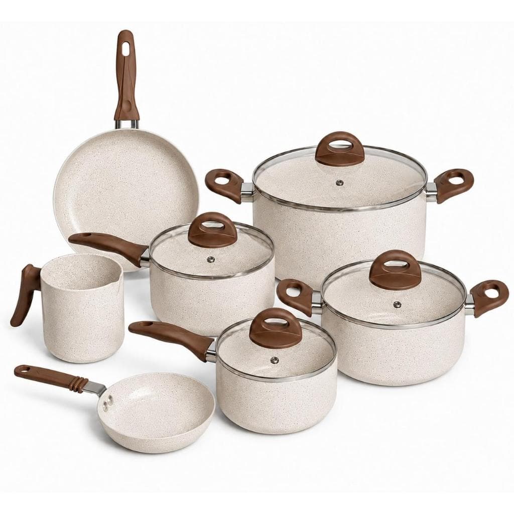 Jogo de Panelas de Ceramica 7 Peças Fogão Indução e Fogão á Gás Bege ou Cinza com Tampas de Vidro