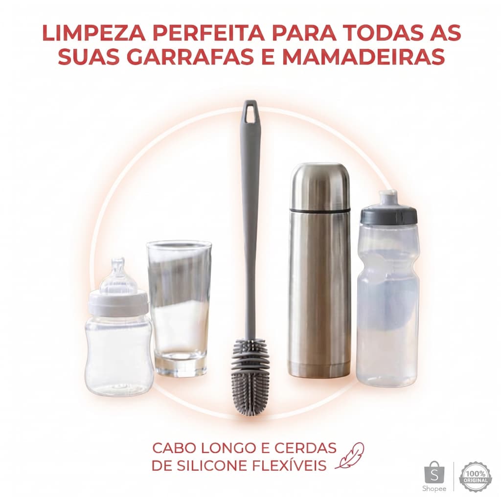 Escova Silicone De Lavar Garrafa Mamadeira Copo Taça Louça