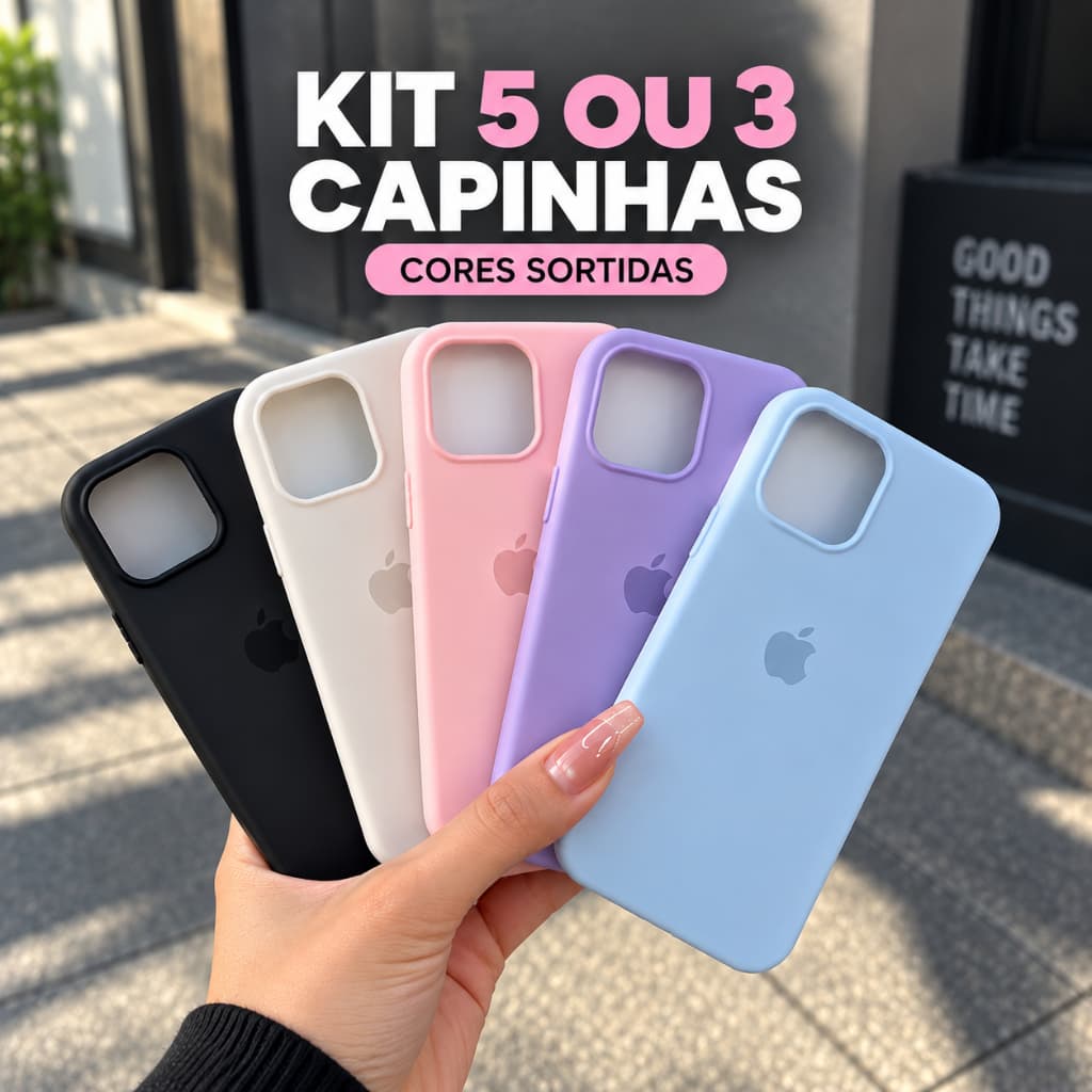 Kit 5 Capinhas iPhone | Silicone Aveludado Cores Premium toda linha iphone 11 ao 17 pro max