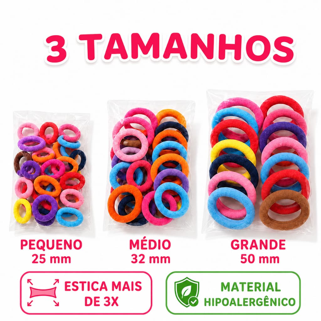 Kit Xuxinha Elástico de Cabelo Infantil 72/100/120 Unidades 3 Tamanhos Colorido