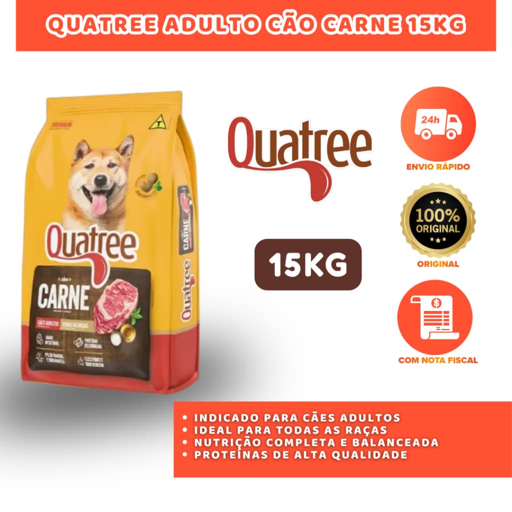 QUATREE RAÇÃO PARA CÃES ADULTOS SABOR CARNE 15KG RICA EM PROTEÍNAS E ENERGIA