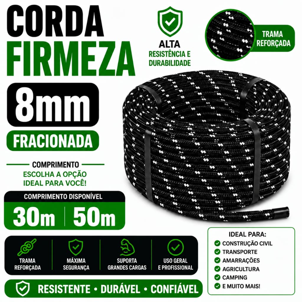 Corda Firmeza 8mm Preta/Branca para Carga de Caminhão, Camping,  Balanço, Escalada, Uso Geral  30 ou 50 Metros