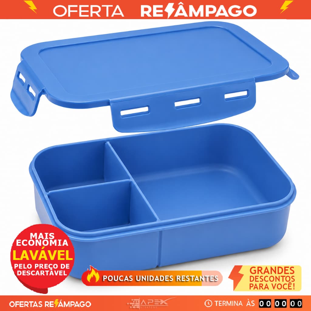 Marmita Hermética Azul 1250ml 3 Divisórias BPA Free Reutilizavel Freezer Microondas Lava Louças