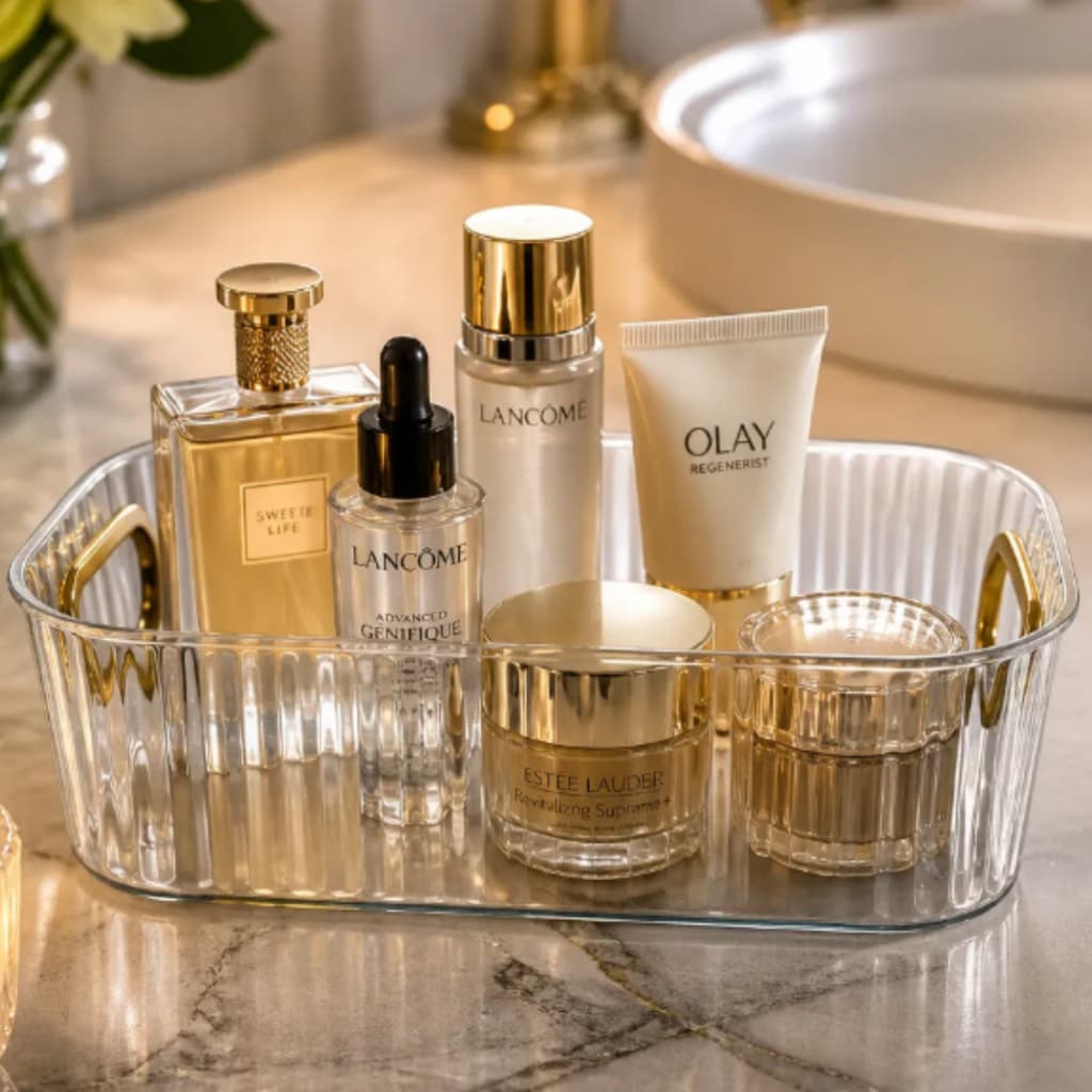 organizador canelado com detalhe dourado- material plastico transparente