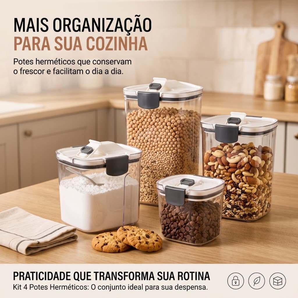 Kit 4 Potes Herméticos para Alimentos Organização Cozinha Dispenser Açucareiro Porta Grãos