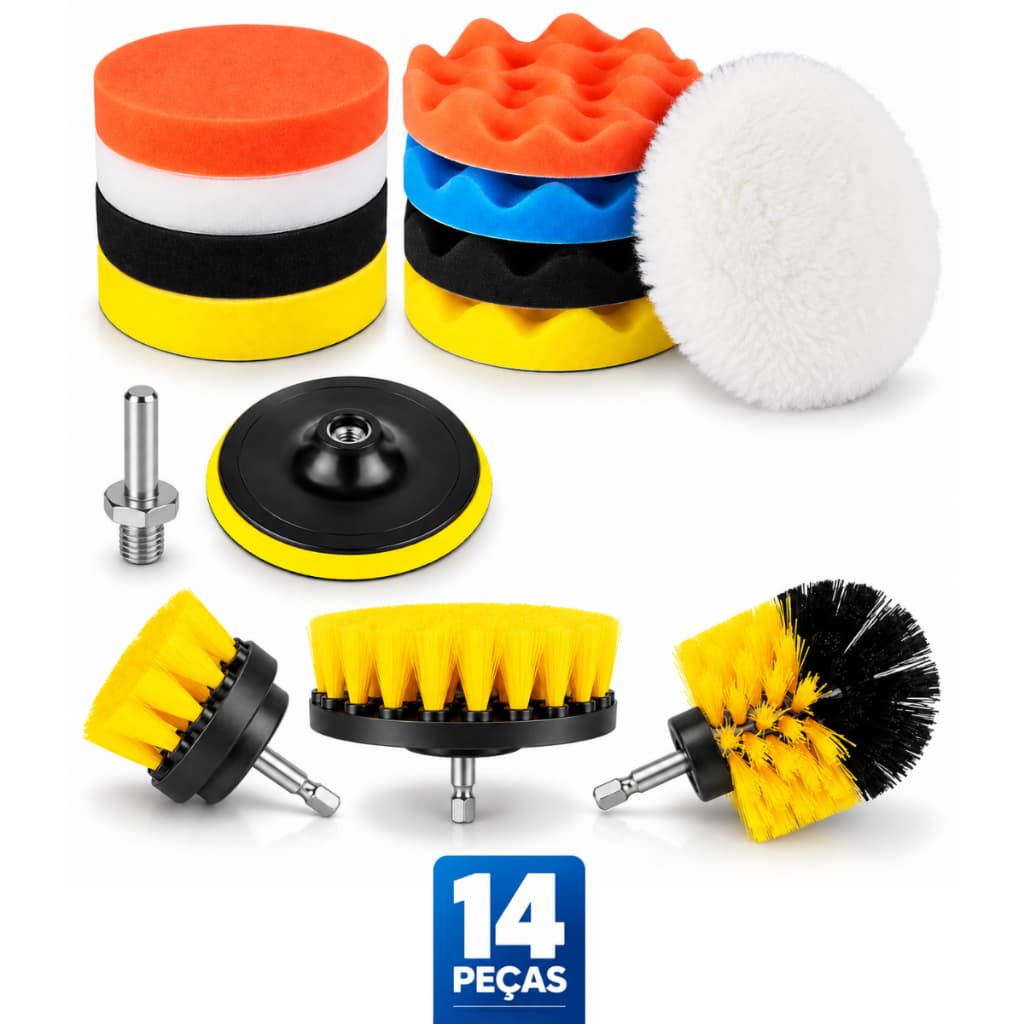 Kit 14pçs Boina Esponja Polimento + Escova Limpeza Furadeira Parafusadeira