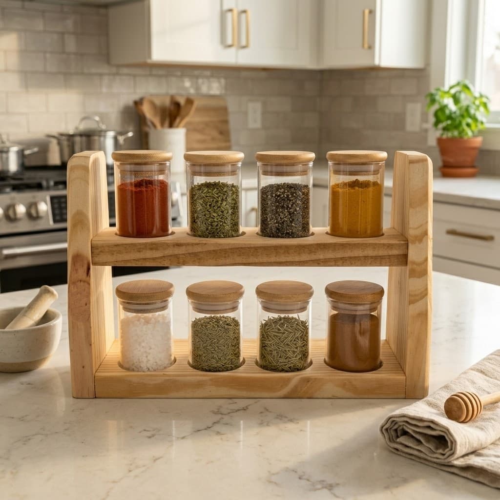 Porta Temperos 8 Potes de Vidro Borossilicato 90ml com Suporte Madeira Pinus e Tampa de Bambu