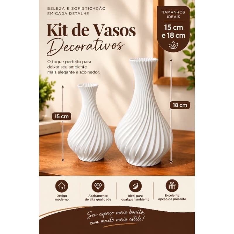 Kit 2 Vasos Decorativos Modernos em PLA | Vaso Ondulado para Sala, Quarto e Escritório | Decoração Minimalista