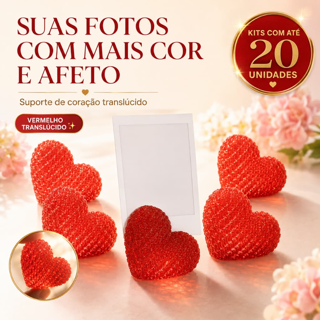 Kit Suporte para Foto Polaroid Coração Vermelho Translúcido 5, 10 ou 20 Unidades – Porta-Retrato Lembrancinha