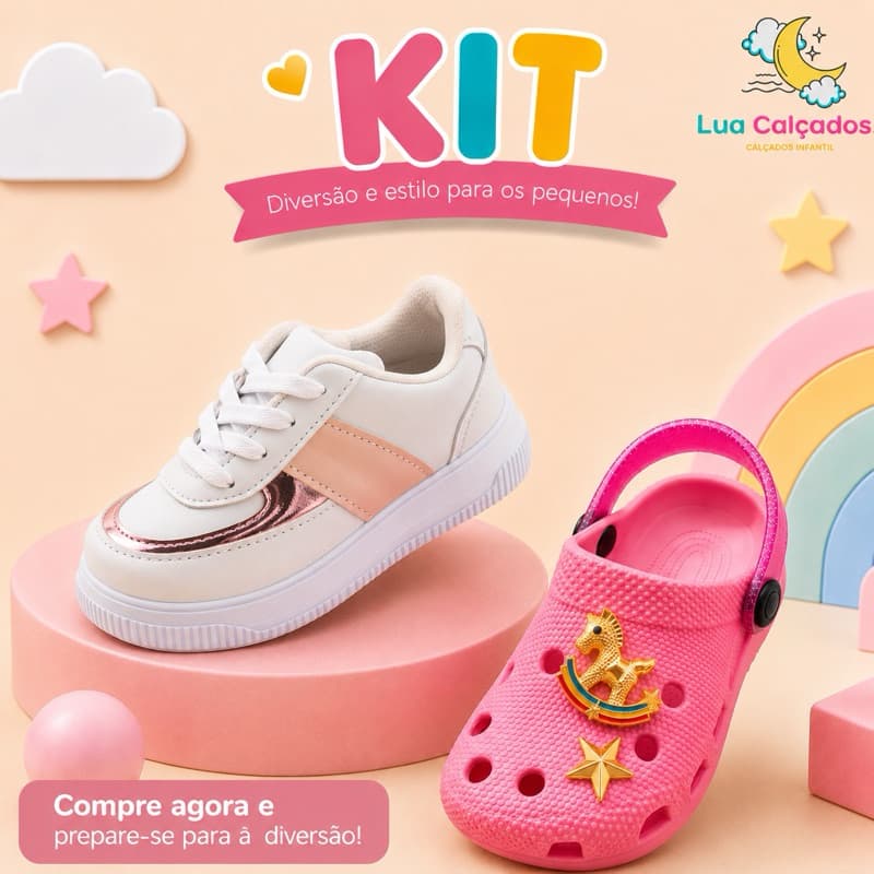 Kit Infantil Tênis Feminino + Babuche Menina Rosa com Pins Brilhantes Delicados