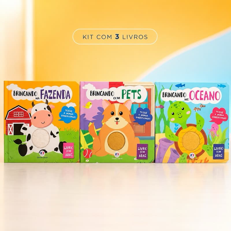 Kit 3 Livros Sensoriais Infantis e Interativos com Abas Fazenda Pets e Oceano