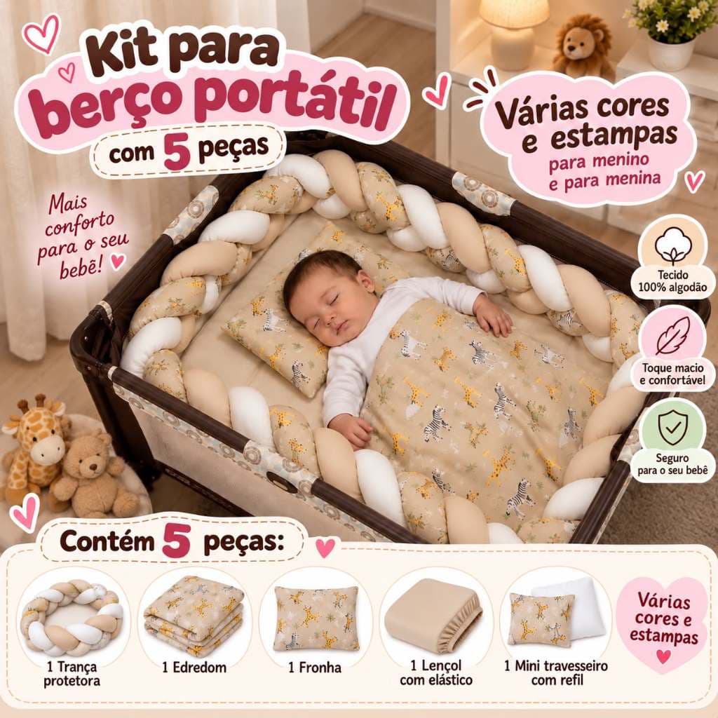 Berço Portátil Kit 5 Peças com Trança Protetora Para Chiqueirinho Bebê Menina e Menino Varias Estampas