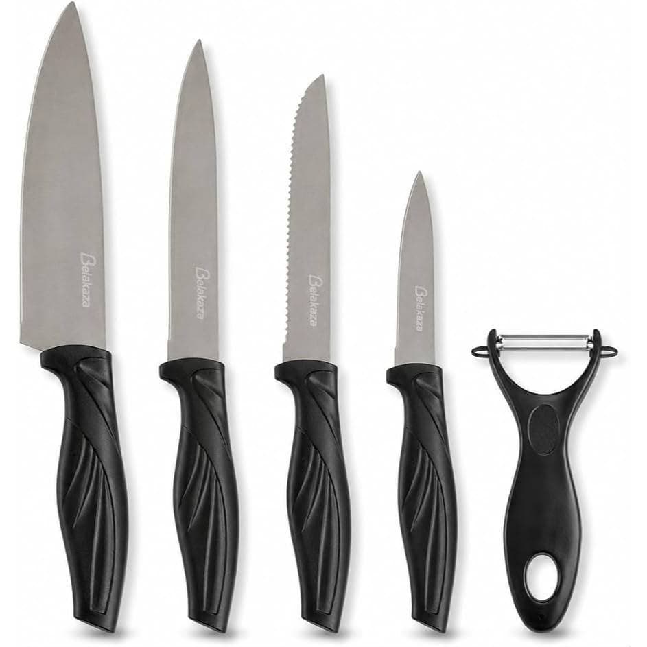 Kit Jogo De Facas Inox 5 Peças Com Descascador Preto - Faca Chef Carne Legumes