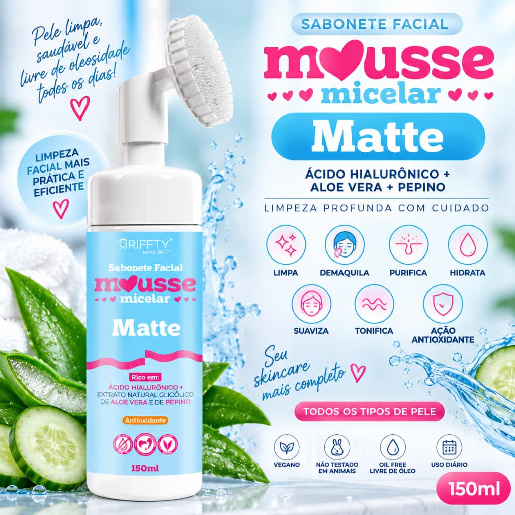 Sabonete Facial Mousse Micelar Matte Ácido Hialurônico 150ml Limpeza Facial Hidratante Com Escova Skincare Griffty