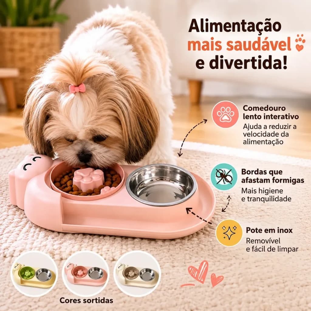 Comedouro Duplo Pet Lento Interativo Cães Gatos Tigela Inox Anti-Formiga Alimentação Lenta Ração Água Fácil Limpeza