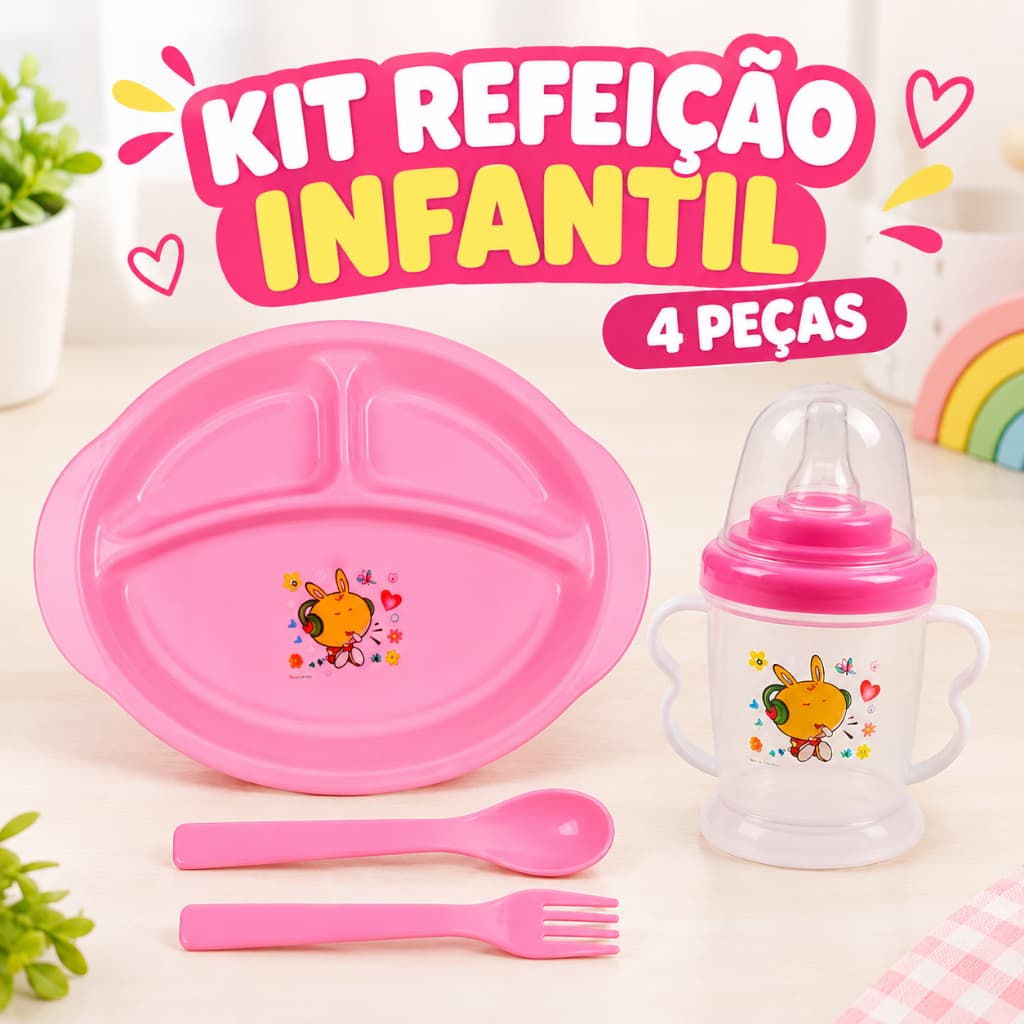 Kit Refeição Alimentação Infantil Prato Divisória Copo com Tampa Garfo e Colher Plástico Seguro Criança Viagem Escola