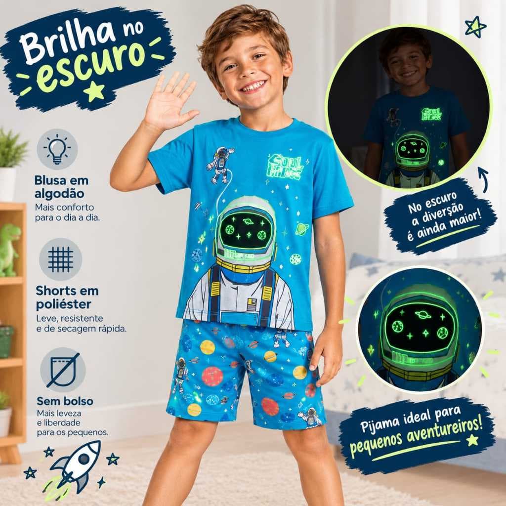 Conjunto pijama infantil verão tema Espaço,Astronautas tamanhos 1 ao 8 shorts + blusa manga curta confortavel