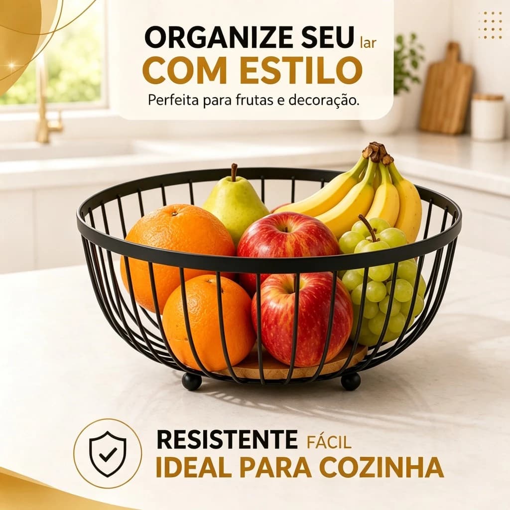 Fruteira de Mesa Rustica de Ferro e Bambu para Café da Manhã Multiuso Metal Preto Cesto Organizador