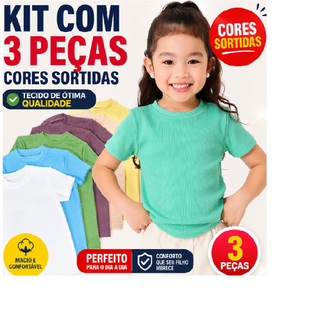 Kit 3 Blusas Infantil Feminina Canelada Ribana Cores Sortidas Verão  4 ao 10