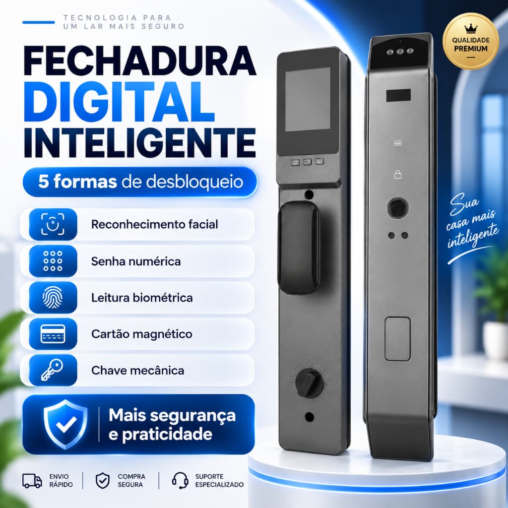 Fechadura Digital Inteligente Reconhecimento Facial Wifi Câmera HD Senha Digital Segurança
