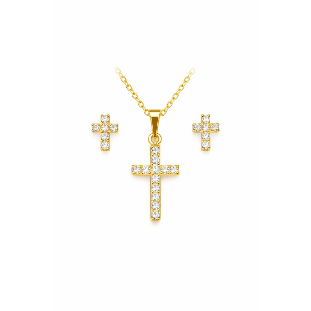 Conjunto Colar e Brincos com Cruz Strass Folheado