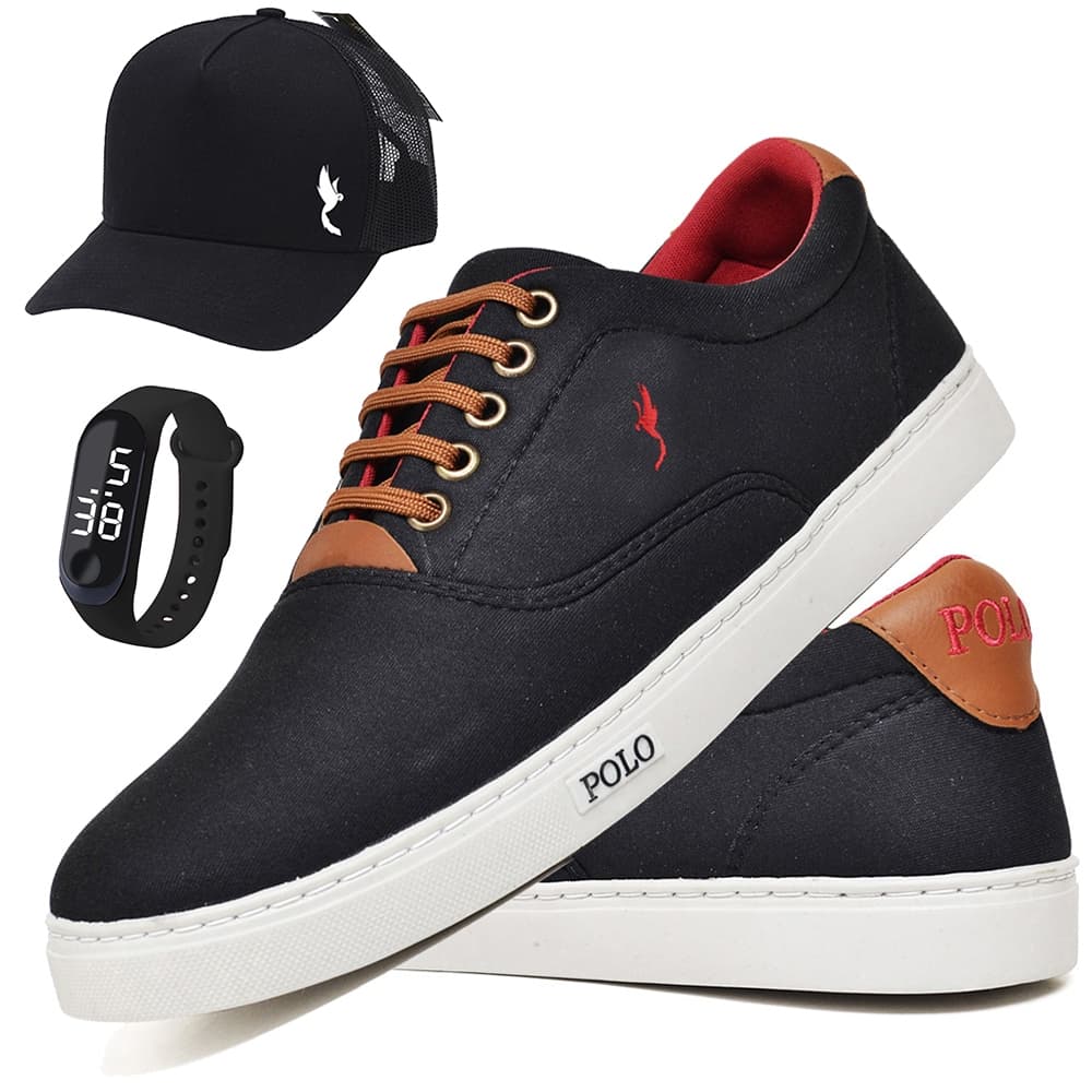 Kit Sapatênis Masculino Polo Blu em Lona Casual Moderno + Boné + Relógio Digital Estiloso