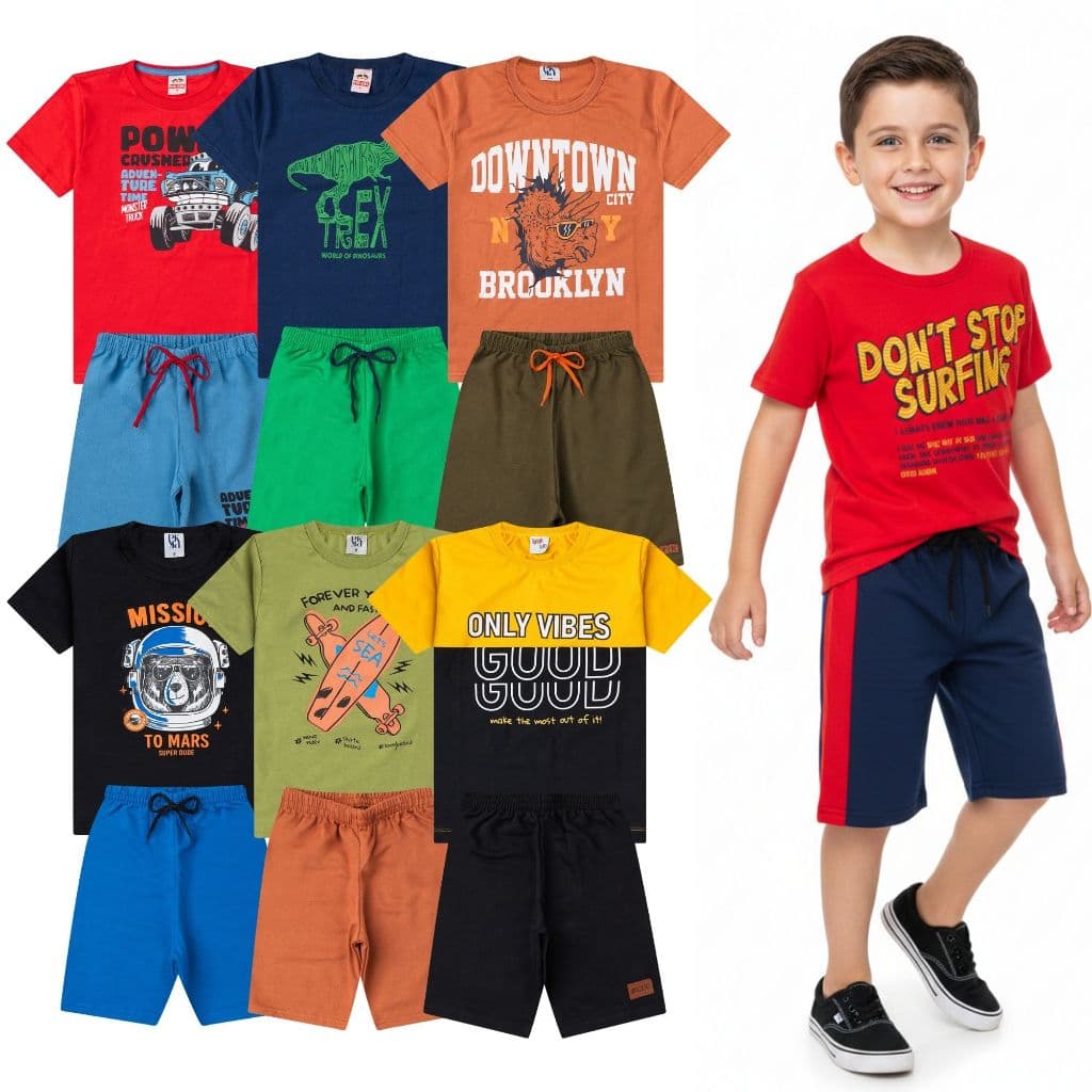Kit Infantil e Juvenil Menino 6 | 10 Peças Verão Sortido – 5 Camisetas + 5 Bermudas ou 3 Camisetas + 3 Bermudas